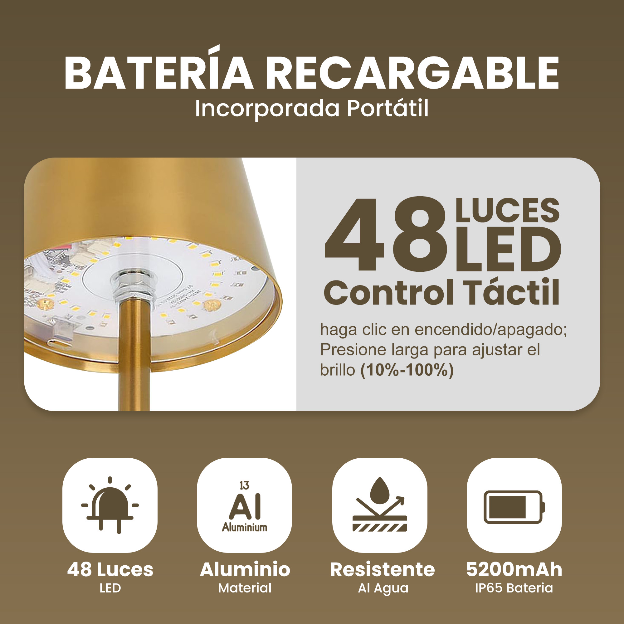 Lámpara de Mesa LED Inalámbrica Recargable - Interior/Exterior - Aluminio.