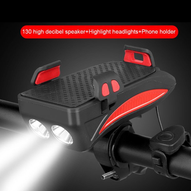 4 en 1: luz LED frontal, soporte para Celulares (recargables por USB) Power Bank y timbre.