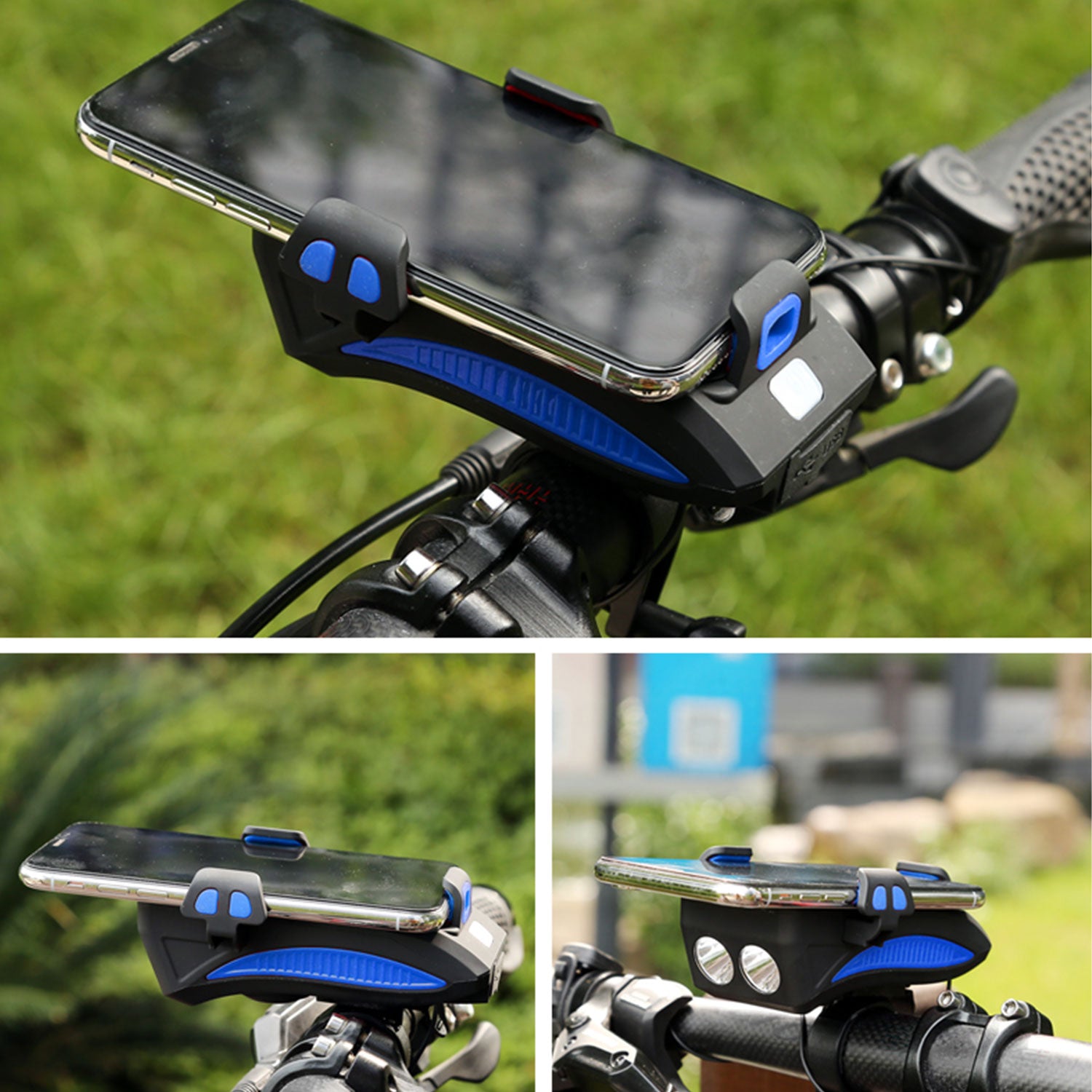 4 en 1: luz LED frontal, soporte para Celulares (recargables por USB) Power Bank y timbre.