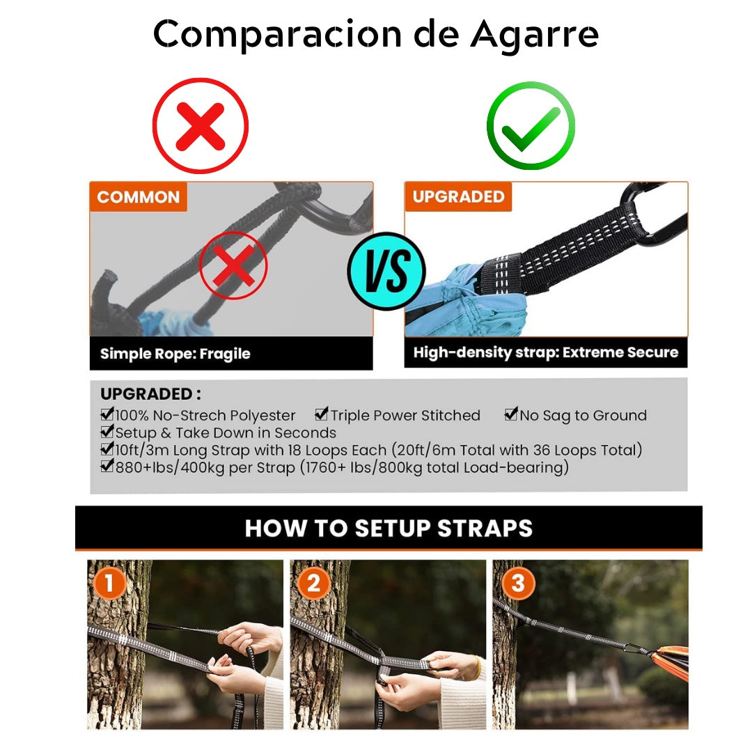 Hamaca Doble, Portatil y Liviana de Nailon de Paracaídas con 2 Correas Colgantes.