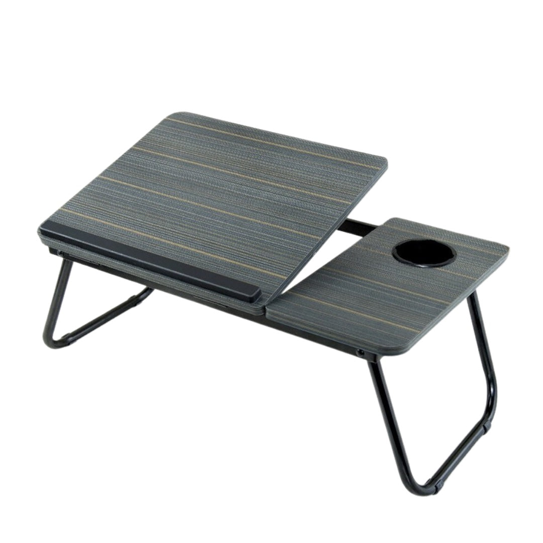 Mesa portátil inclinable con portavaso y tope.