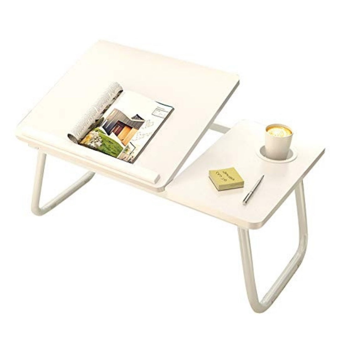Mesa portátil inclinable con portavaso y tope.