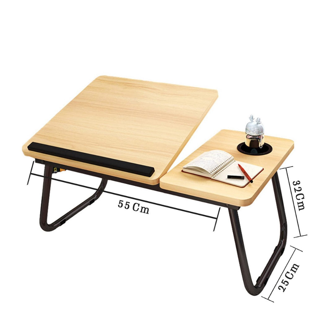 Mesa portátil inclinable con portavaso y tope.