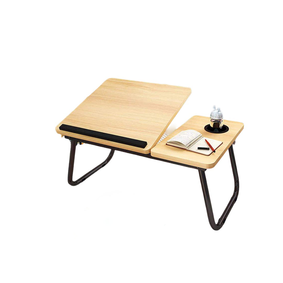 Mesa portátil inclinable con portavaso y tope.