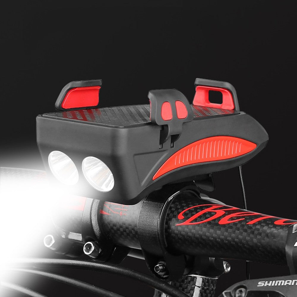 4 en 1: luz LED frontal, soporte para Celulares (recargables por USB) Power Bank y timbre.