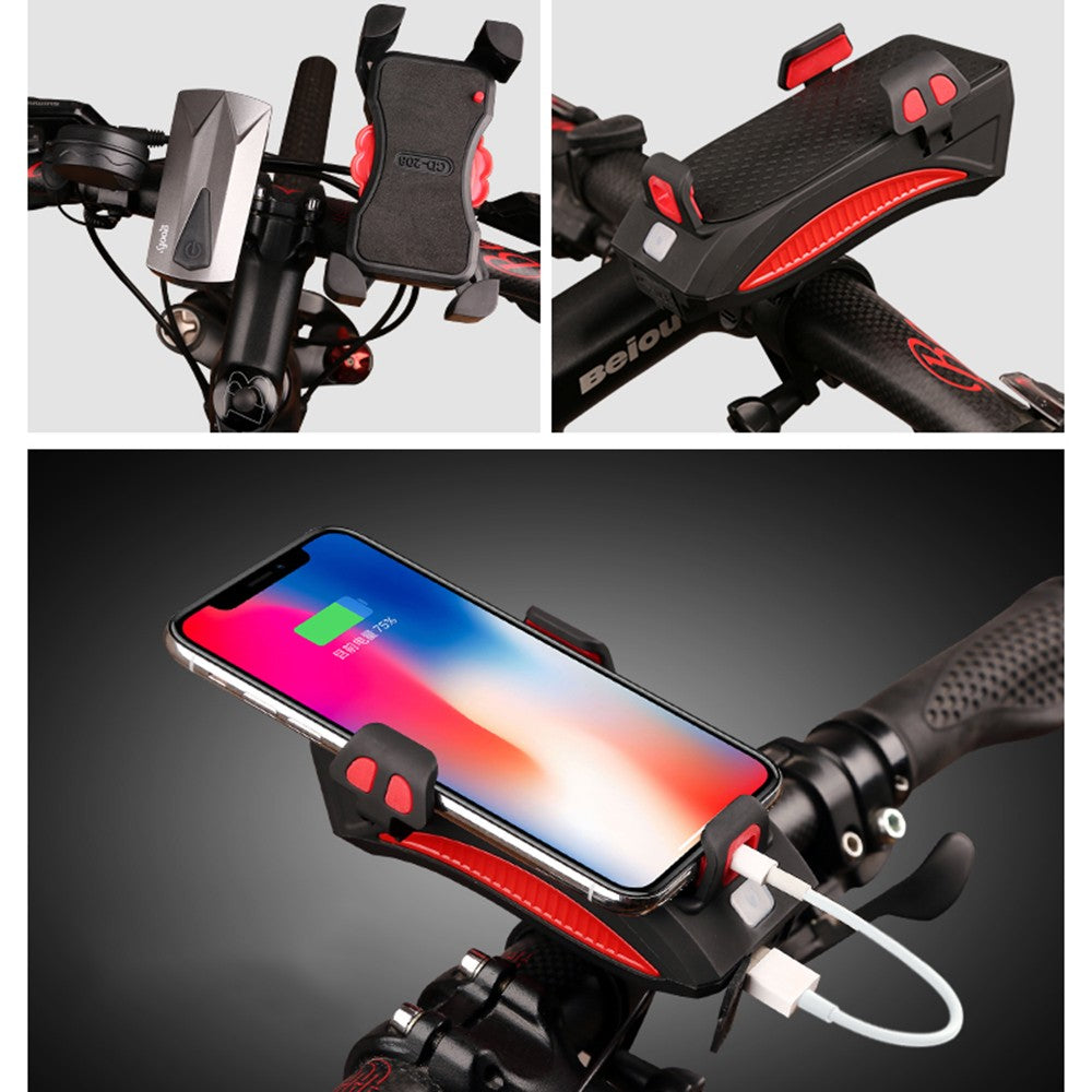 4 en 1: luz LED frontal, soporte para Celulares (recargables por USB) Power Bank y timbre.