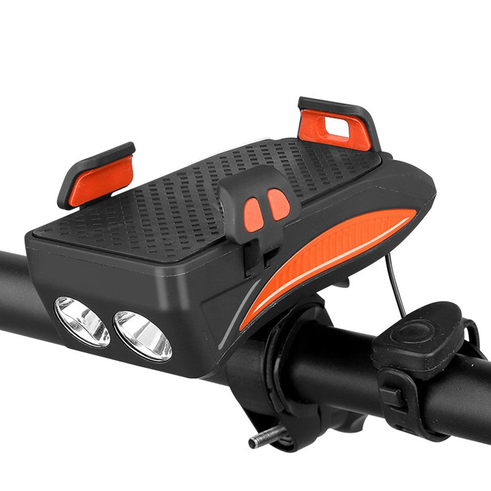 4 en 1: luz LED frontal, soporte para Celulares (recargables por USB) Power Bank y timbre.