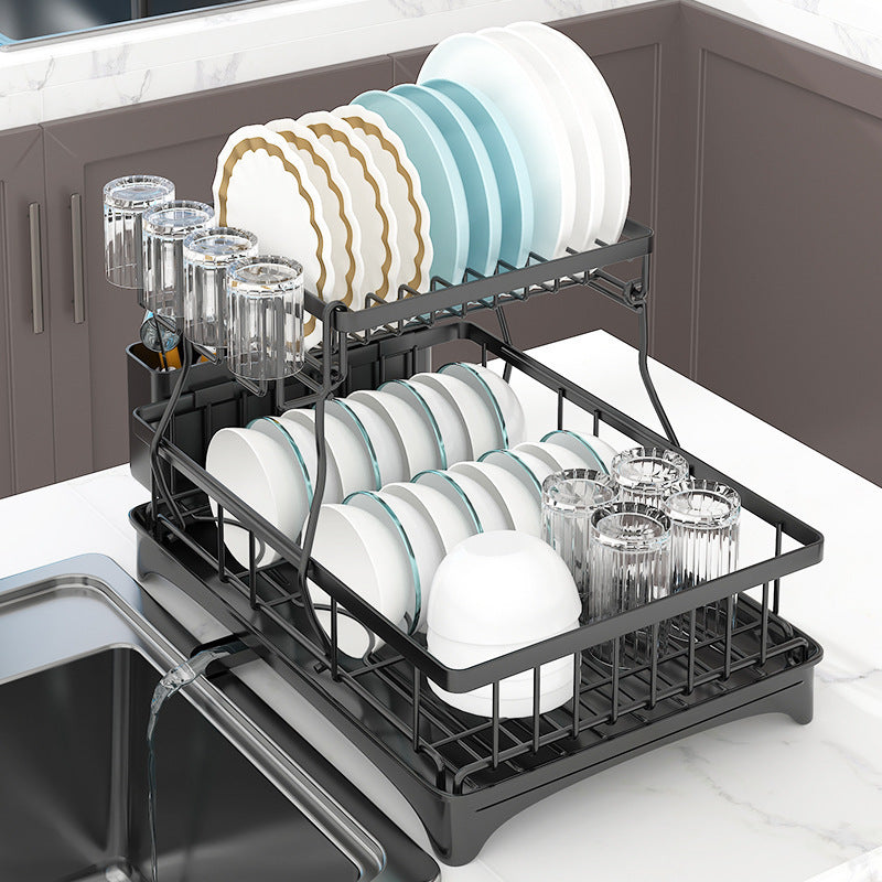 Escurridor De Platos 2 Niveles 360° Drenaje Automático. Negro