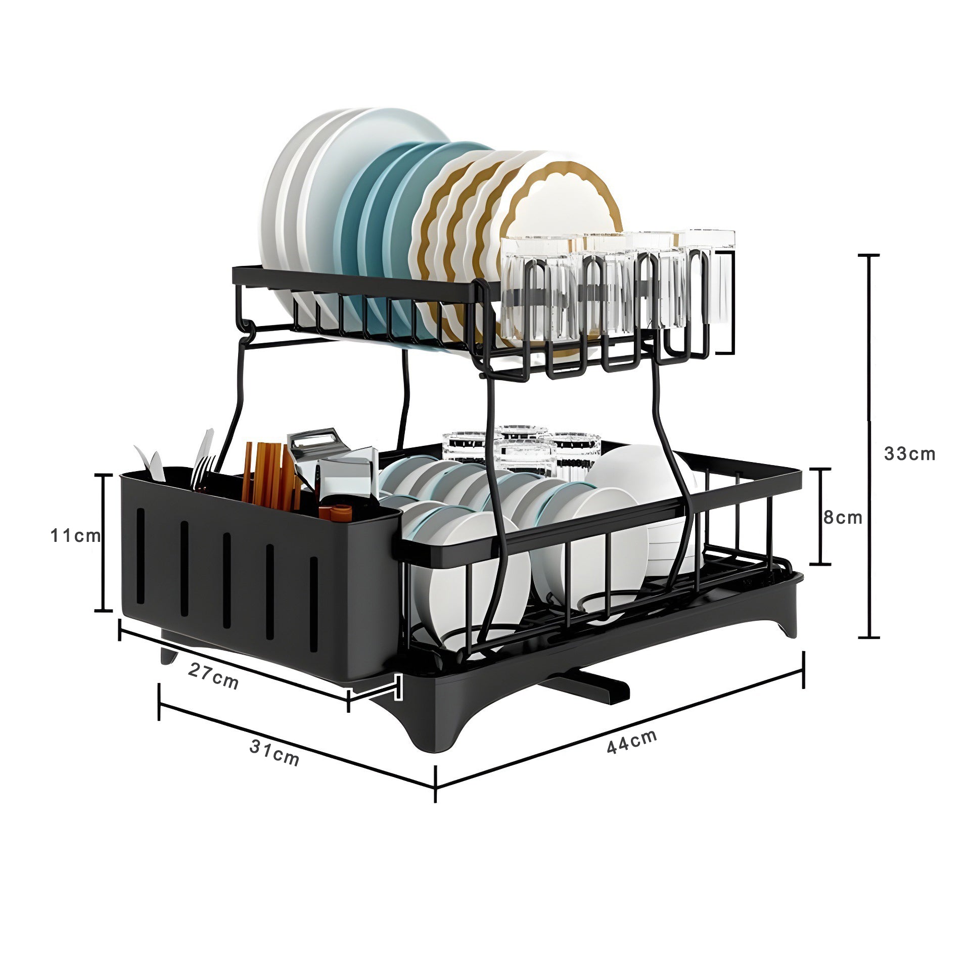 Escurridor De Platos 2 Niveles 360° Drenaje Automático. Negro
