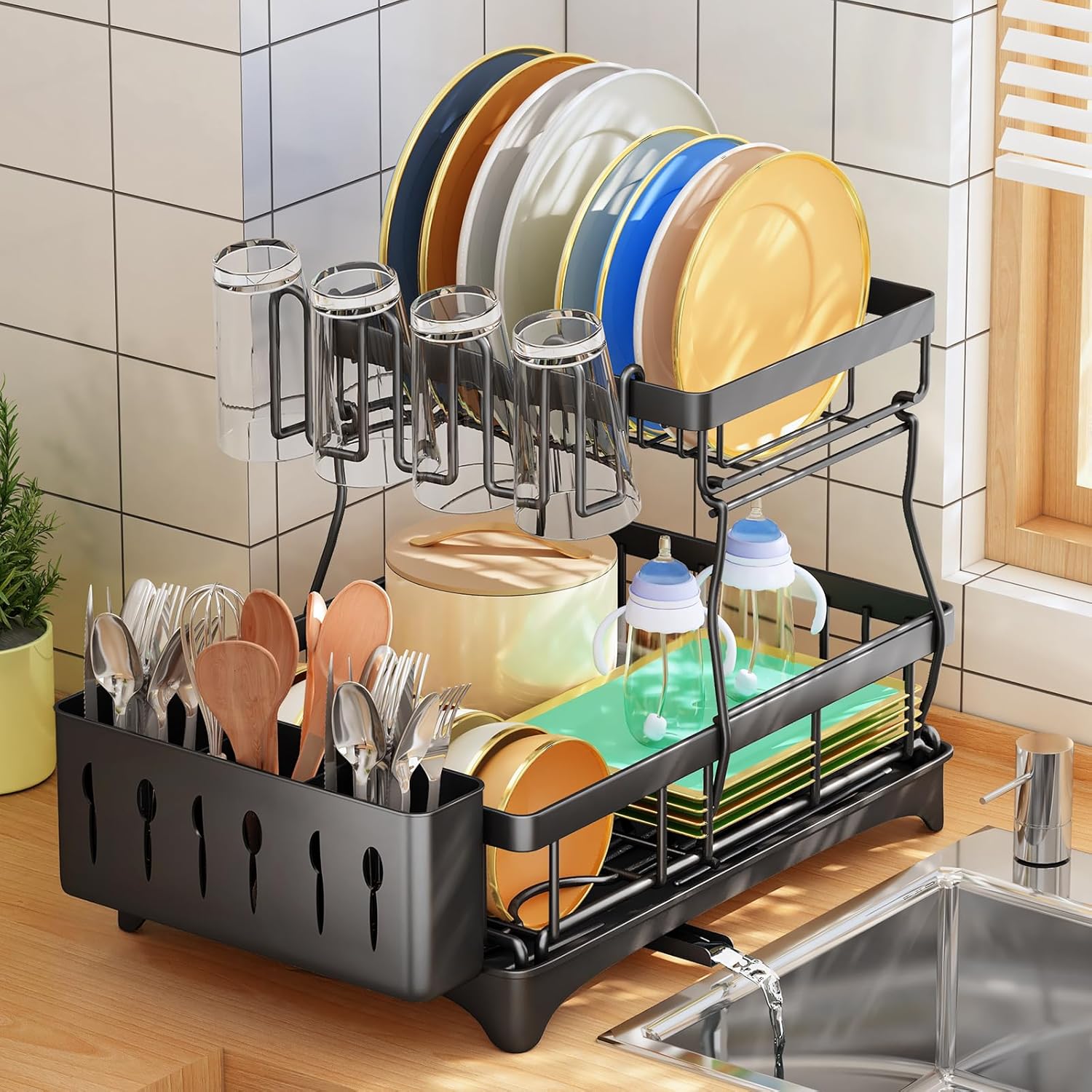Escurridor De Platos 2 Niveles 360° Drenaje Automático. Negro