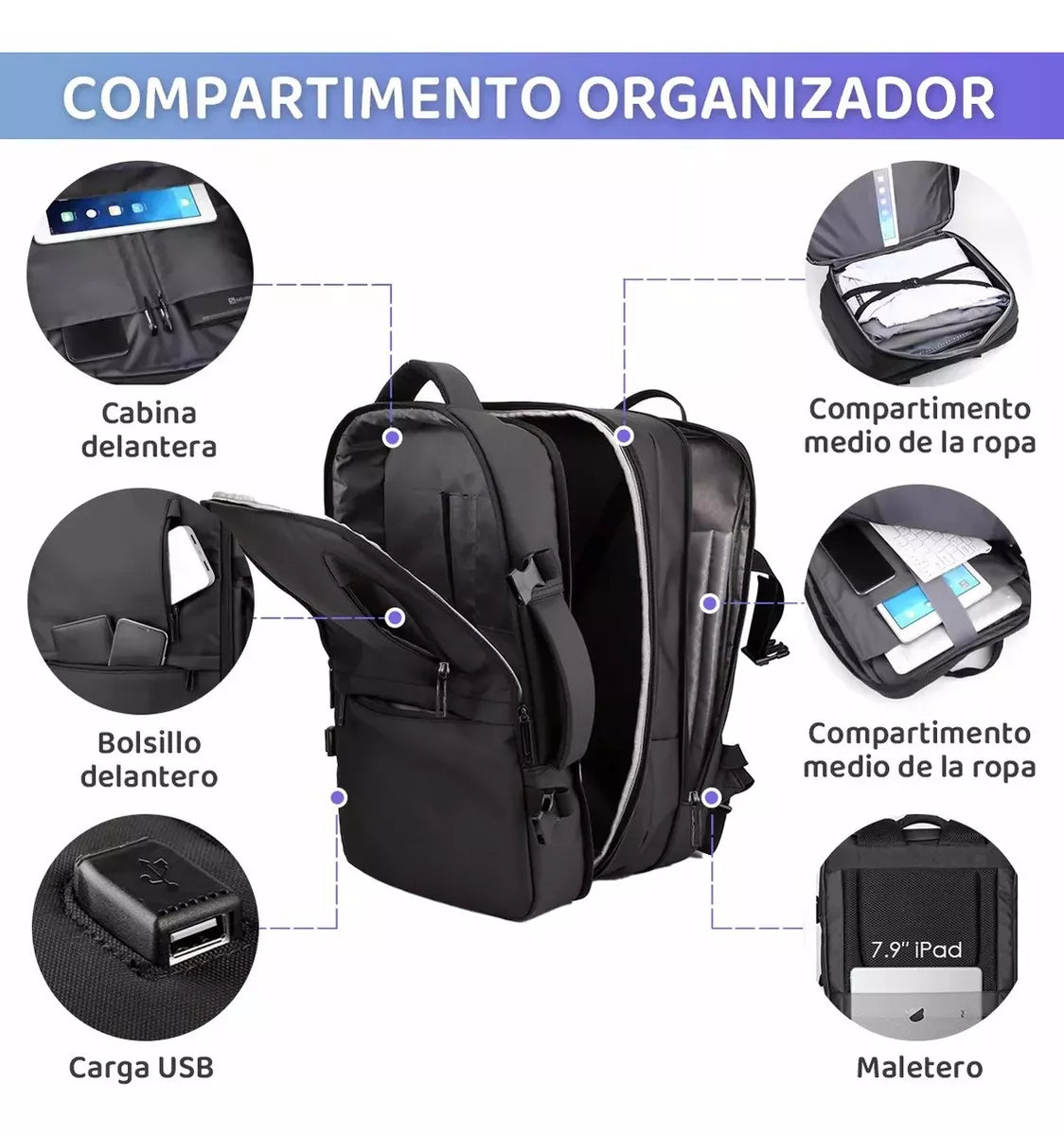 Mochila de Viaje Expandible Antirrobo con Puerto USB - Impermeable.