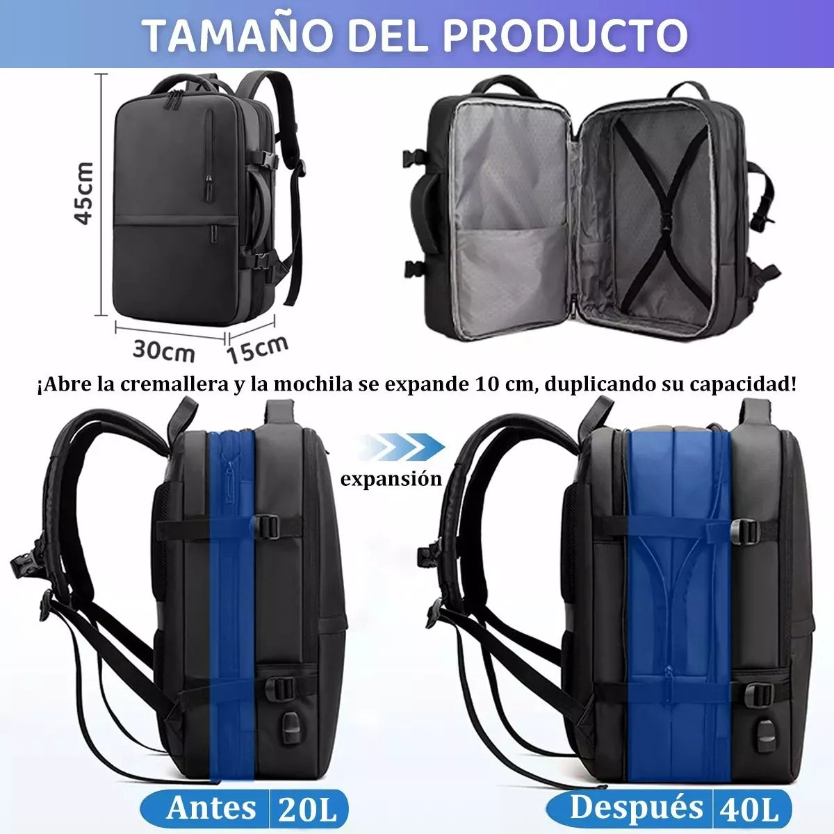 Mochila de Viaje Expandible Antirrobo con Puerto USB - Impermeable.