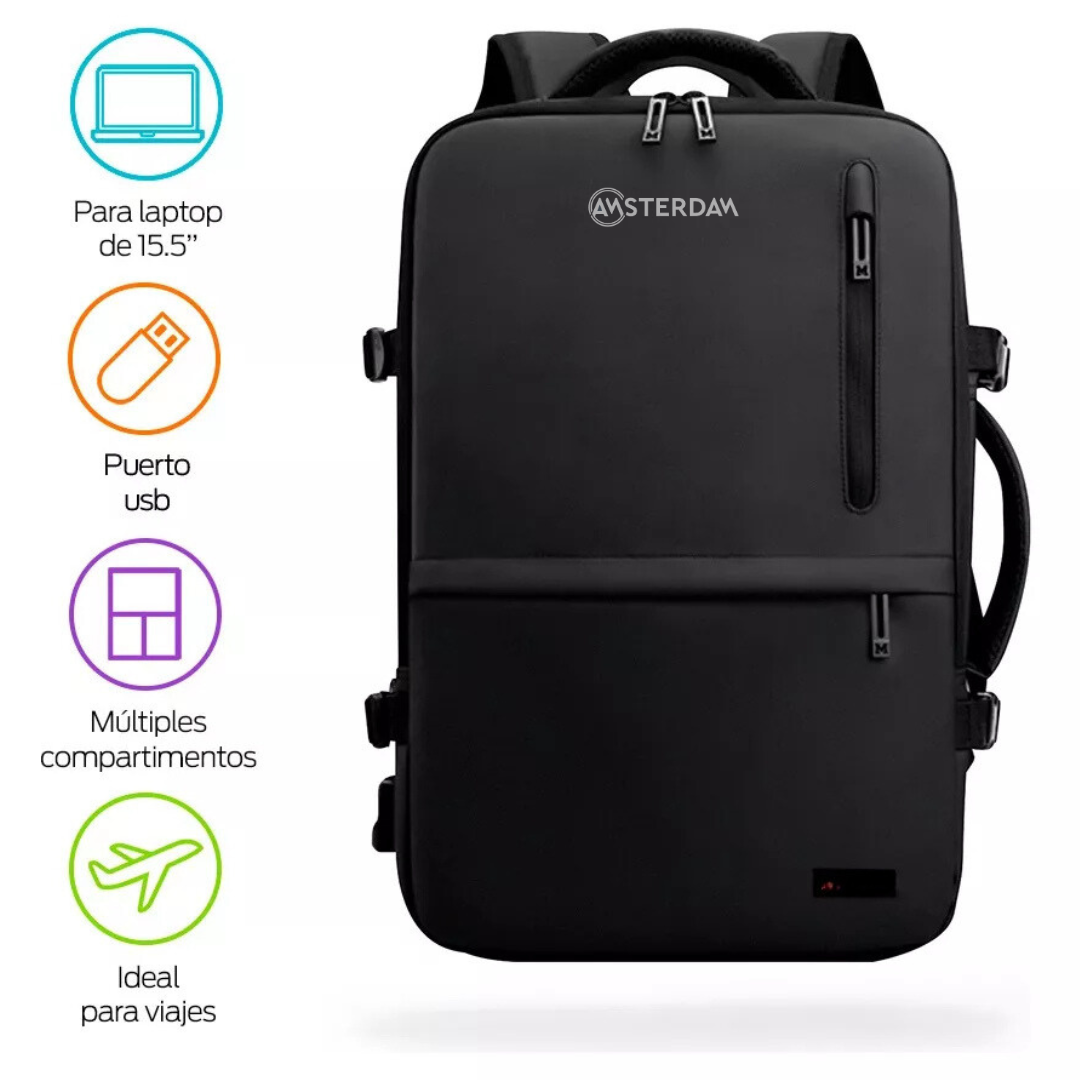 Mochila de Viaje Expandible Antirrobo con Puerto USB - Impermeable.