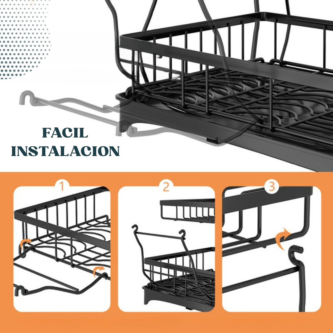 Escurridor De Platos 2 Niveles 360° Drenaje Automático. Negro