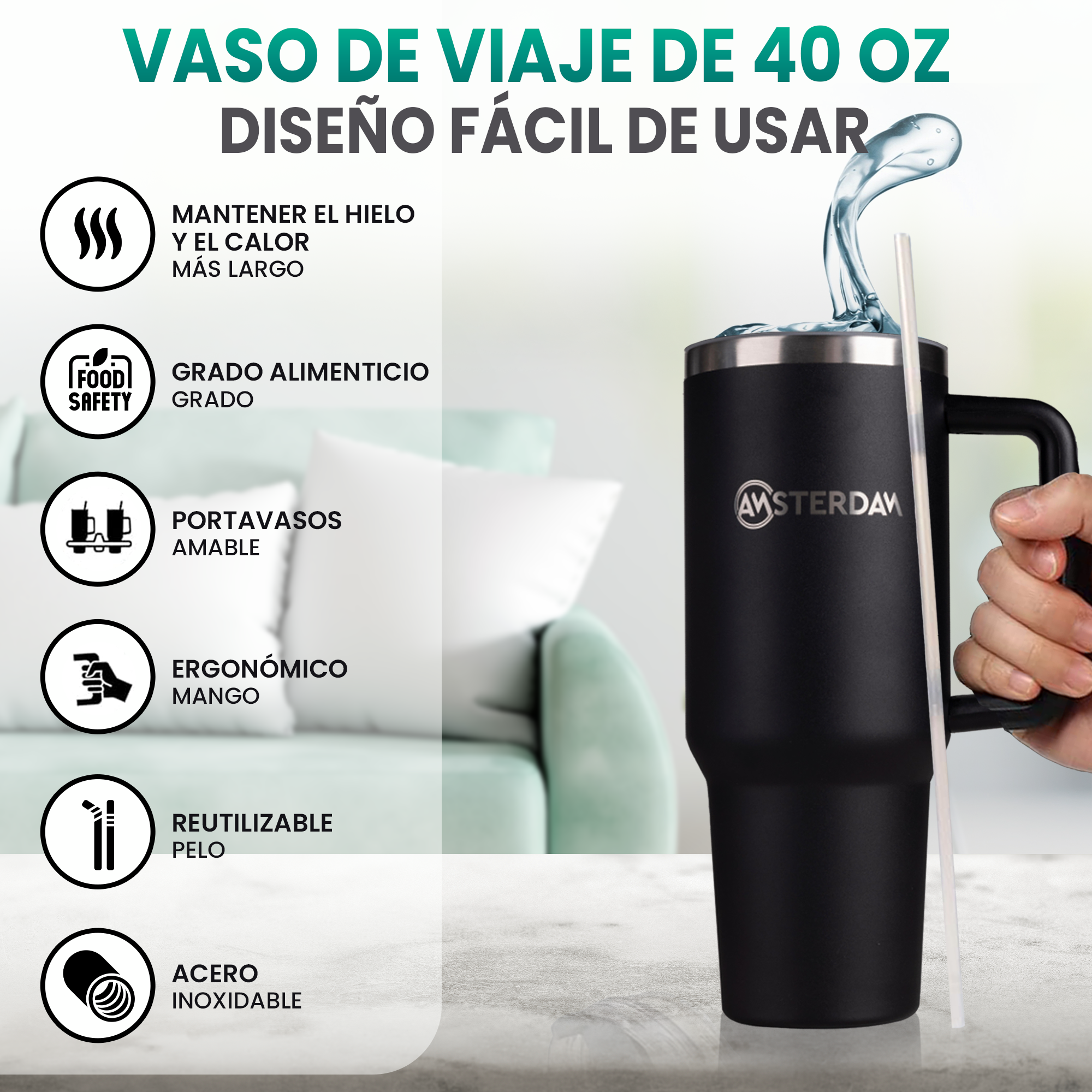 Vaso Térmico Tumbler 1200 Ml Con Mango Y Sorbito.