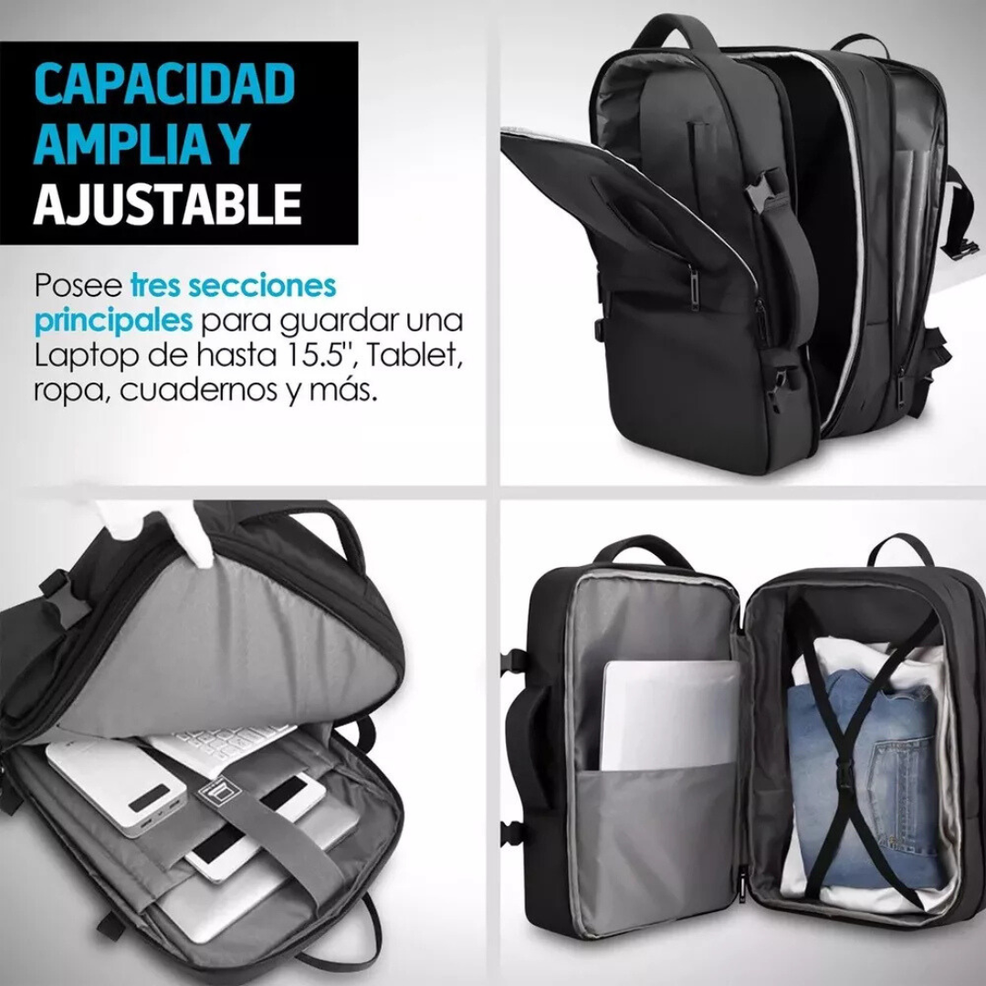 Mochila de Viaje Expandible Antirrobo con Puerto USB - Impermeable.