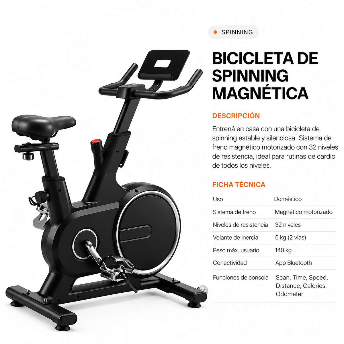 Bicicleta Spinning Magnética Mototizada Bluetooth 32 Niveles