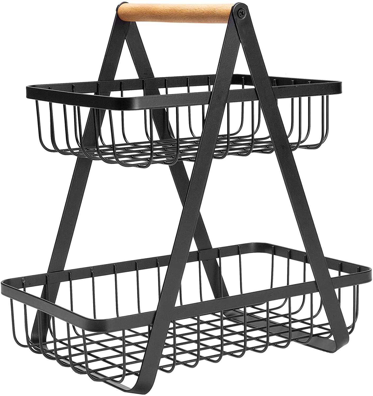 Set de 2 cestas organizadoras de metal y madera en blanco y negro con asa de